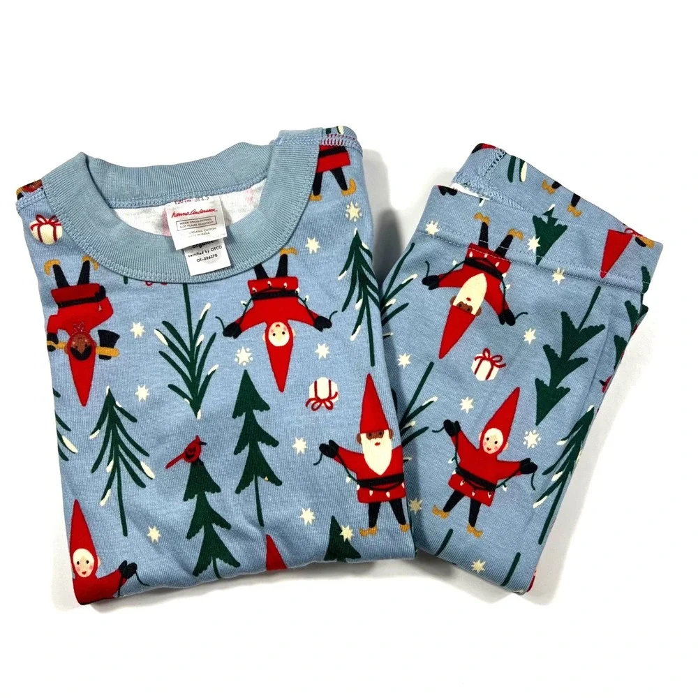 Hanna Andersson Holiday Harvest Gnomes Pajamas Set Blue Organic Cotton Kids 6-7